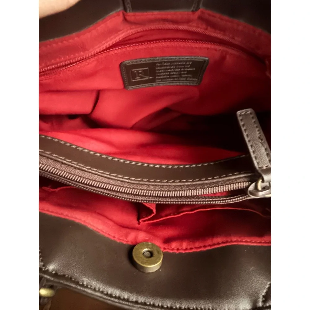 Relic by Fossil Red Embossed Paisley Satchel Handbag Brown Trim Boho Tote Bag